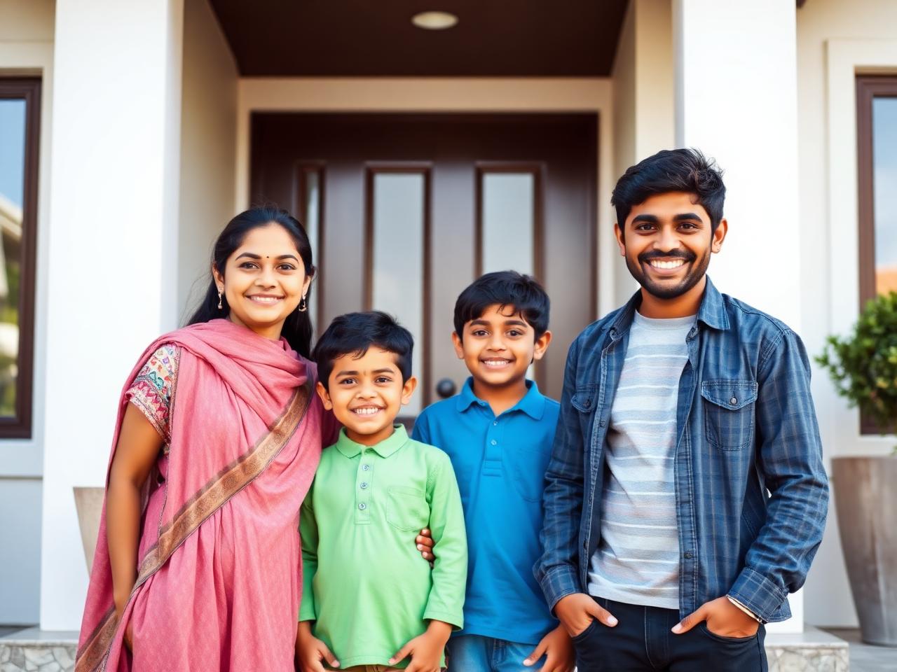 Family outside their beautiful home in Bangalore